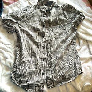 Express Extra Slim button-down, black, white patterned shirt